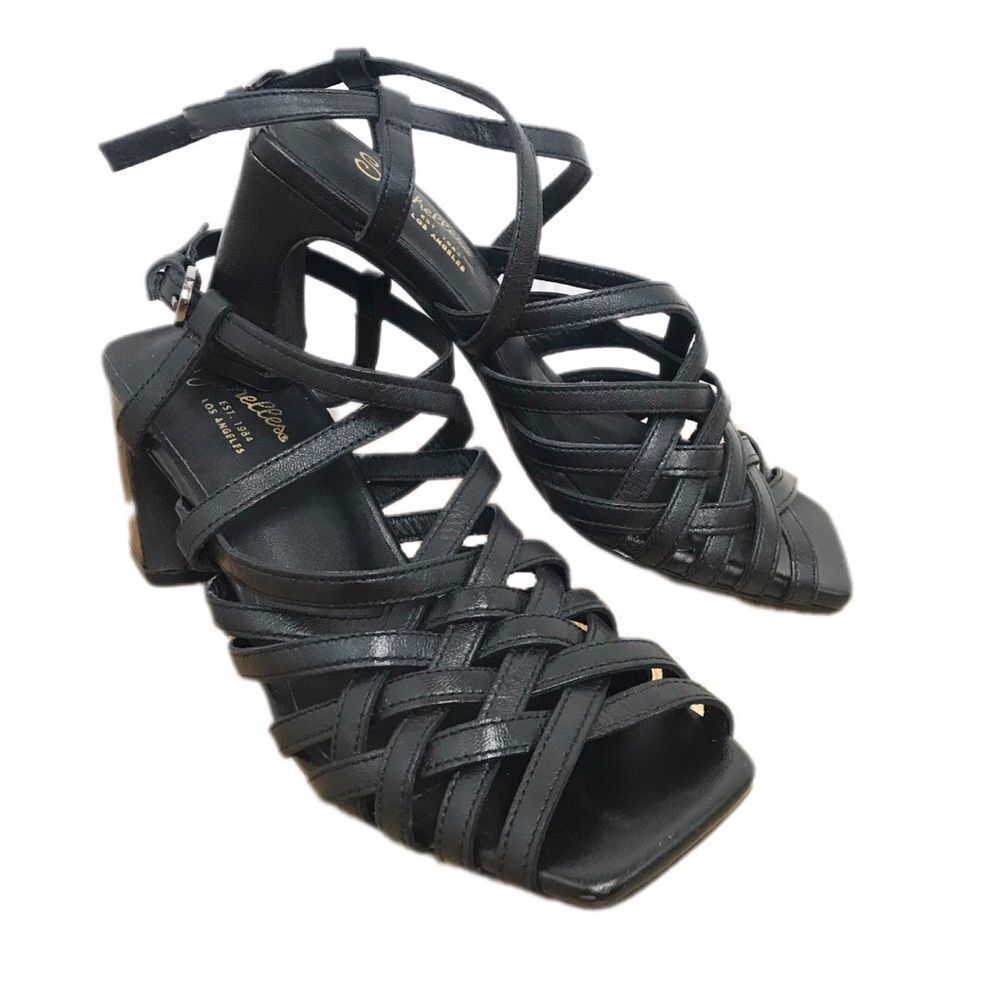 New SEYCHELLES‎ Braided Black Leather Chunky Heel Sandal Strappy Woven Size 6